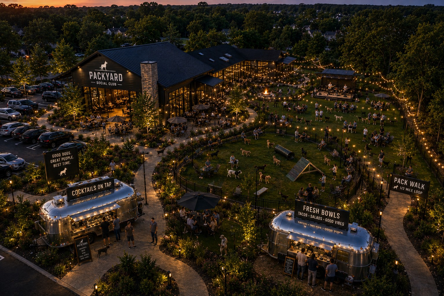 Packyard at dusk — the campus from above