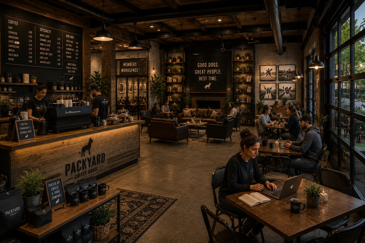 Packyard Coffee House interior with members at work