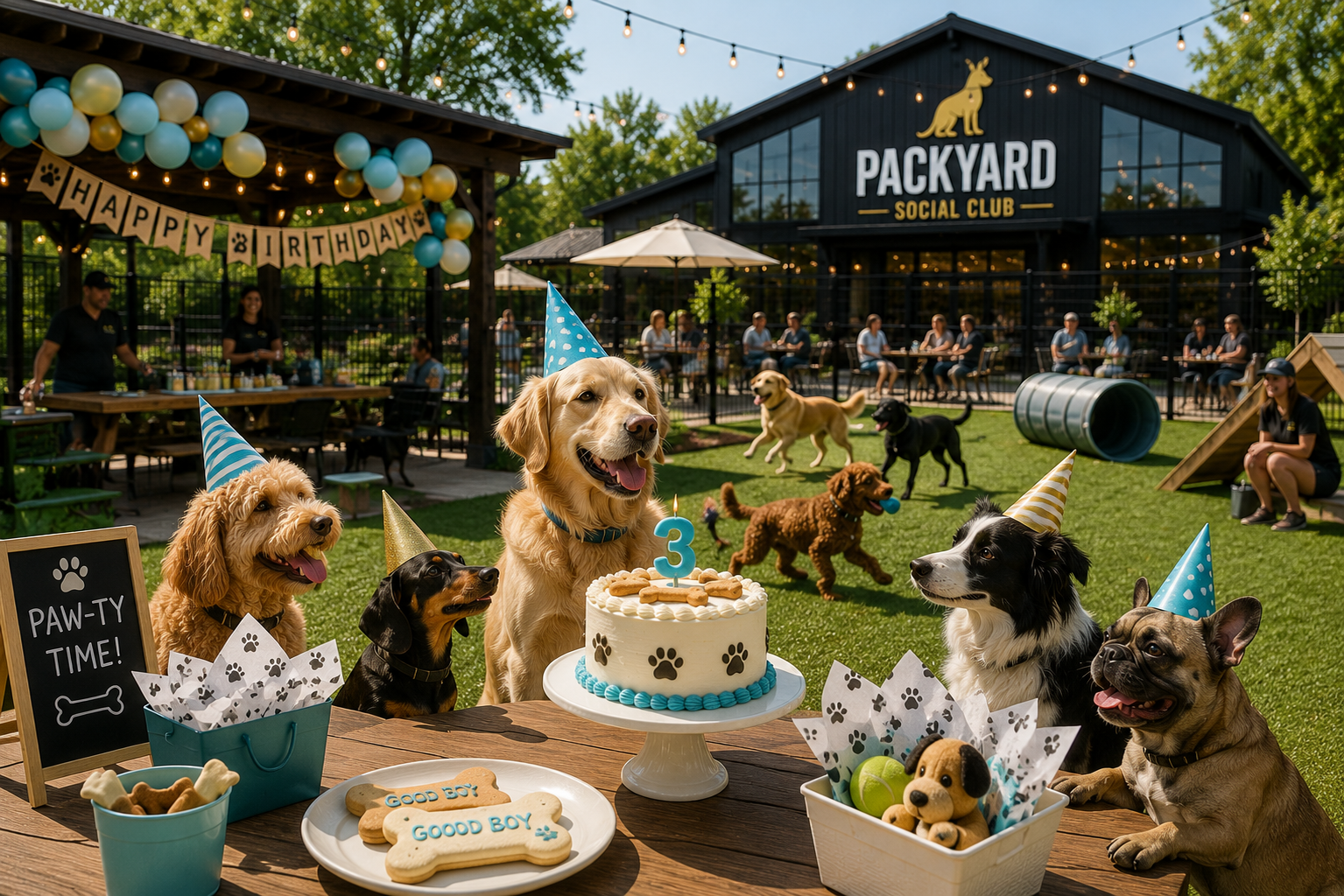 Dog birthday party in the turf yard