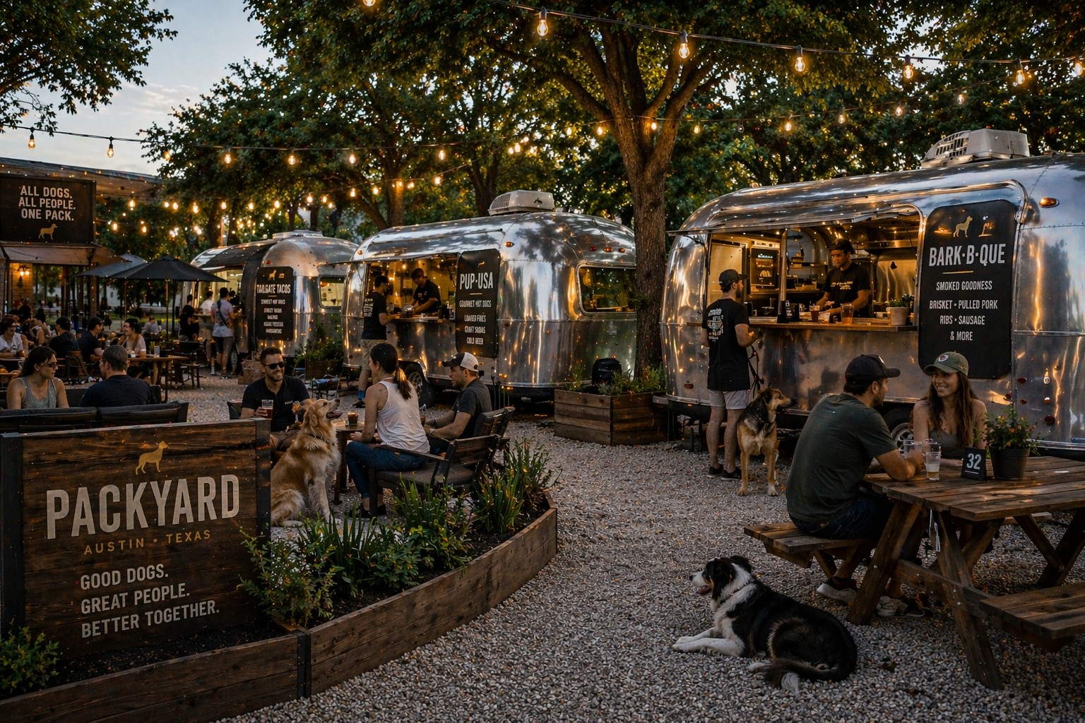 Local food trucks parked along the yard
