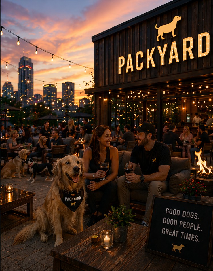 Packyard at dusk — Chicago skyline behind the courtyard