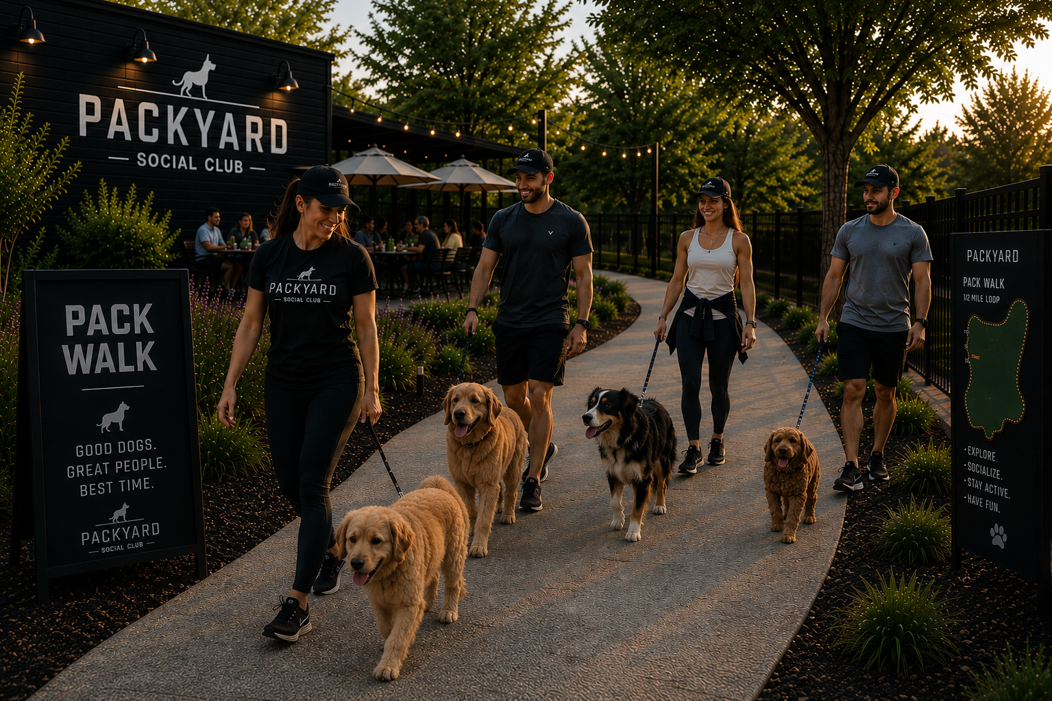 Members and dogs on the Pack Walk perimeter path