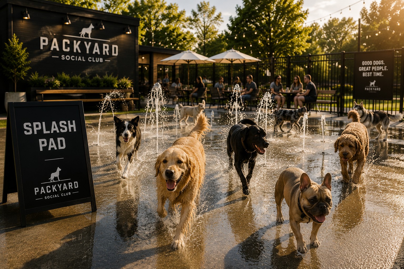 Outdoor splash pad with dogs